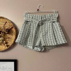 Forever 21 Tweed Belted High Rise Shorts  Cream/Black